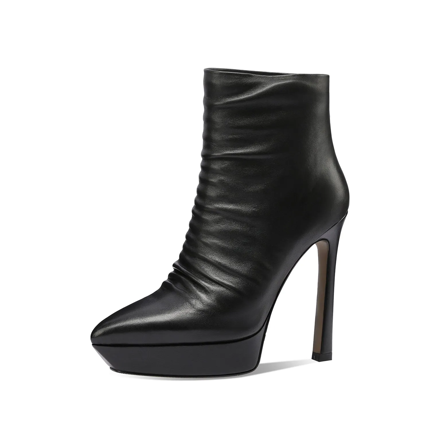 TinaCus Handmade Women's Genuime Leather Platform Plicated Side Zipper Pointed Toe High Stiletto Heel Ankle Boots