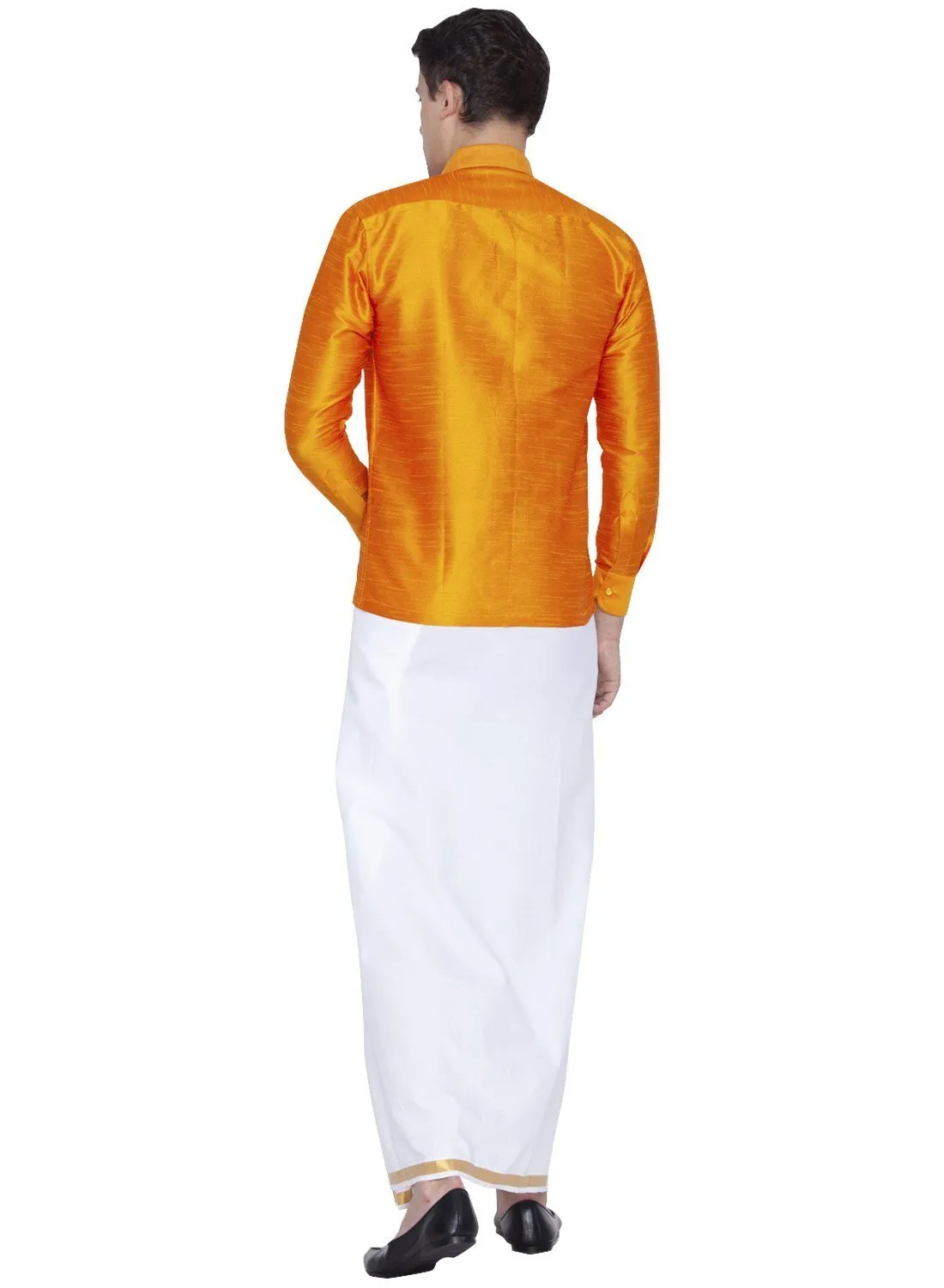 VM By VASTRAMAY Men's Orange Cotton Silk Blend Shirt and Mundu Set