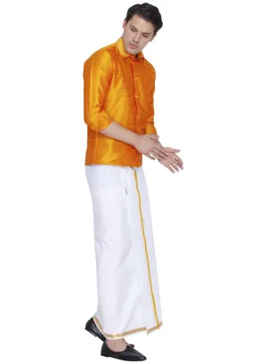 VM By VASTRAMAY Men's Orange Cotton Silk Blend Shirt and Mundu Set