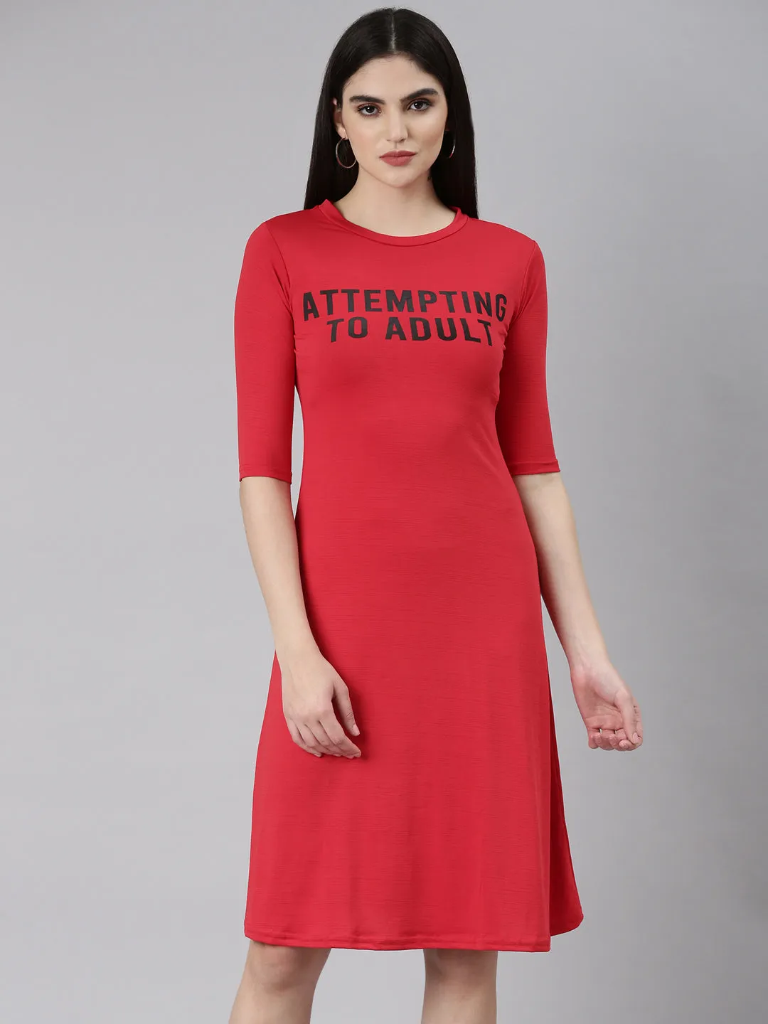Women Red Typographic A-Line Dress