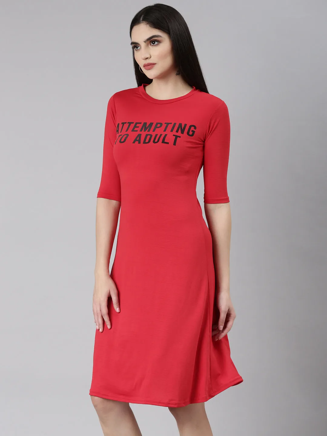 Women Red Typographic A-Line Dress