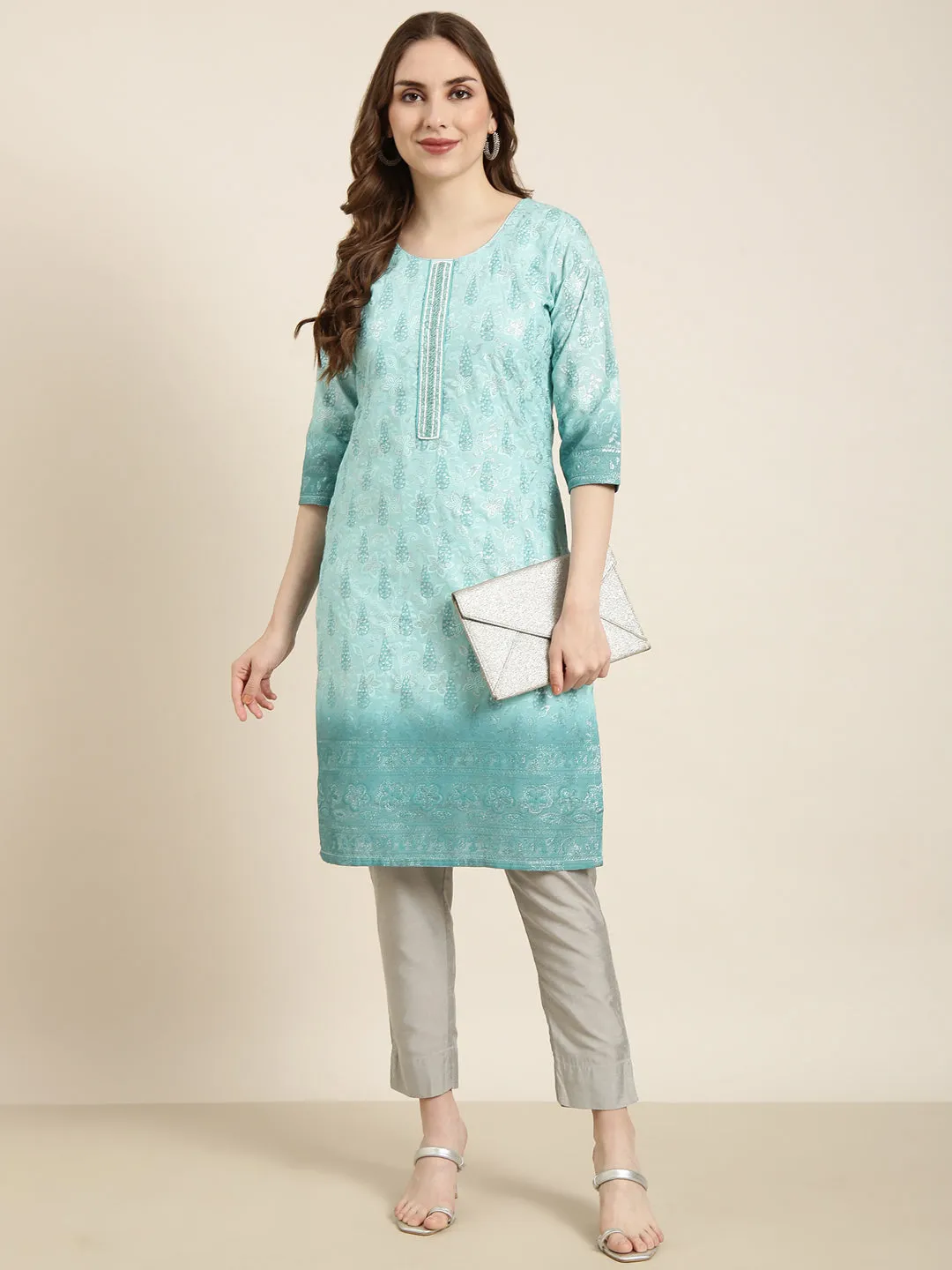 Women Straight Sea Green Floral Kurta