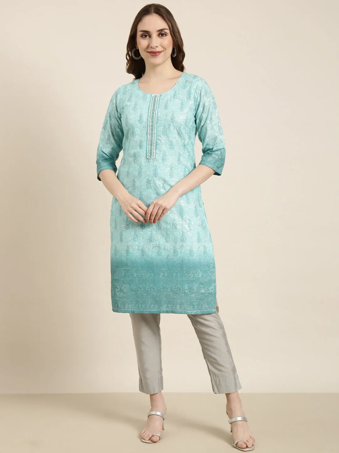 Women Straight Sea Green Floral Kurta